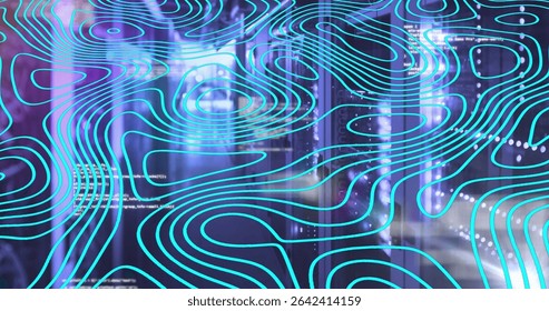 Displaying cyan contour lines over blurred server racks and equipment, with glowing code displays. Technology, cybersecurity, data visualization, digital architecture, futuristic, network, innovation