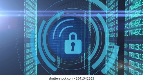 Displaying cyan padlock icon glowing in digital UI, with rings, arcs, binary panels, flare accents. Cybersecurity, digital, technology, encryption, data protection, futuristic, interface