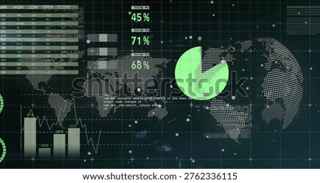 Displaying dark analytics dashboard in frame, showing dotted map, green pie, percent readouts. Globe, charts, gauges, data, neon, teal, gridlines