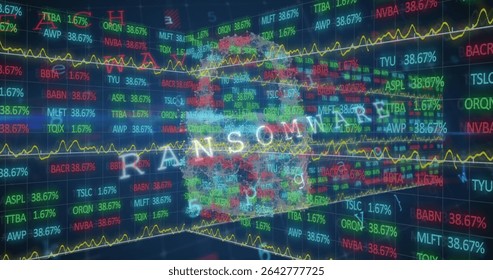 Displaying dark interface showing tickers with % values, yellow graph and map, glowing RANSOM text. Technology, cyber security, data visualization, digital environment, futuristic, finance, analytics