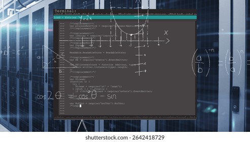 Displaying dark terminal window processing code and graph in data center, with racks and formulas. Technology, cybersecurity, data analytics, industrial, futuristic, digital interface, network