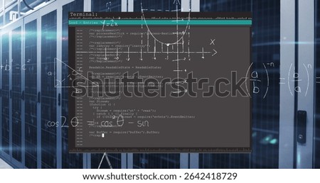 Displaying dark terminal window processing code and graph in data center, with racks and formulas. Technology, cybersecurity, data analytics, industrial, futuristic, digital interface, network