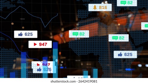 Displaying dashboard at control hub with world map grid, bar and line charts, social media icons. Technology, data, analytics, visualization, digital, dashboard, innovation