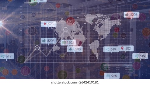Displaying dashboard in data center, world map grid, line graph, social icons and numeric callouts. Technology, data, analytics, innovation, digital, enterprise, connectivity