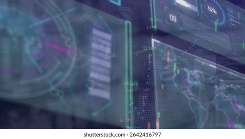 Displaying dashboard in futuristic control panel with gauge, charts, world map and candlesticks. Technology, analytics, visualization, innovation, interface, digital, data