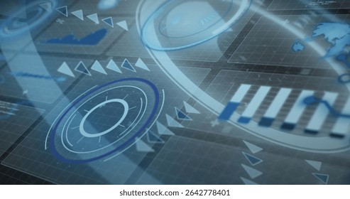 Displaying dashboard interface, with HUD gauges, arrow clusters, data charts and world map on grid. Futuristic, technology, interface, data, visualization, cyber, digital - Powered by Shutterstock - Get 15% off with code: PIKWIZARD15