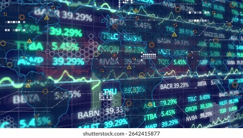Displaying dashboard on world map showing percentages, tickers, graphs, hex grid markers and frames. Technology, analytics, futuristic, data visualization, innovation, digital interface, finance