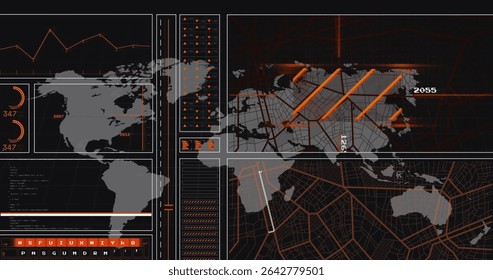 Displaying dashboard panels at control console, with world map outlines and 3D bar chart overlays. Futuristic, data visualization, analytics, interface, digital, high-tech, dashboard - Powered by Shutterstock - Get 15% off with code: PIKWIZARD15