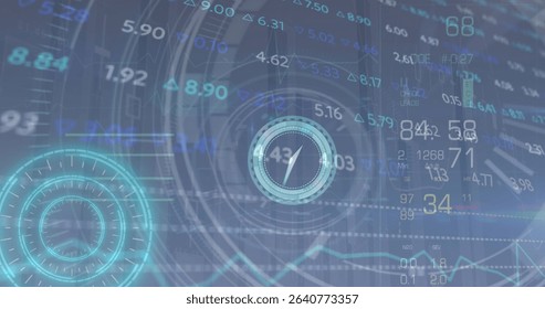 Displaying dashboard showing centered gauge on dark grid, with side gauge metrics arrows and graph. Technology, analytics, data visualization, interface, futuristic, digital, innovation - Powered by Shutterstock - Get 15% off with code: PIKWIZARD15