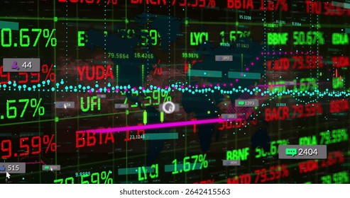 Displaying dashboard showing live data on grid with ticker symbols, percentages, magenta trend line. Technologies, data visualization, analytics, digital interface, finance, innovation, modern