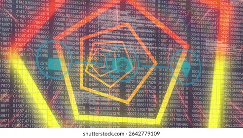 Displaying dashboard showing neon hexagon outlines over code columns, with device-icon overlays. Cybersecurity, dataanalysis, digitalart, futuristic, technology, innovation, infographics