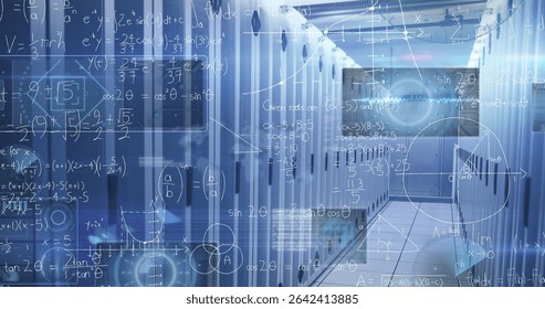 Displaying data center aisle flanked by server cabinets with indicator lights, equation overlays. Technology, networking, infrastructure, futuristic, digital, analytics, innovation