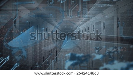 Displaying data center hall featuring interface overlays in facility with server racks and cables. Futuristic, technology, digital, network, industry, innovation, abstract