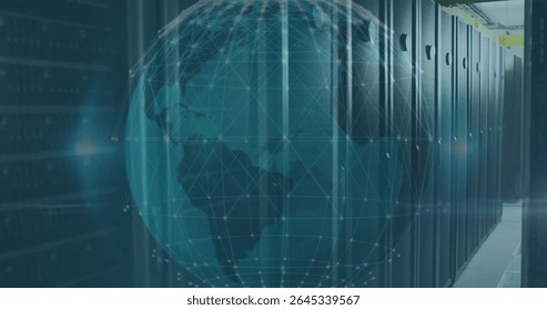 Displaying data center server racks lining corridor under cable trays, with wireframe globe overlay. Technology, infrastructure, data, network, digital, architecture, cybersecurity