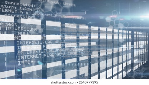 Displaying data corridor extending into virtual matrix with glowing code text and diagrams. Futuristic, cyber, technology, abstract, digital, network, innovation