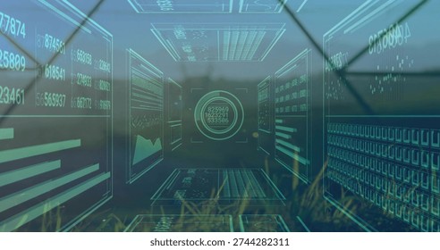 Displaying data corridor of HUD over field, showing panels, numbers, circular target, grass. Holographic, overlay, interface, augmented, telemetry, charts, graphs - Powered by Shutterstock - Get 15% off with code: PIKWIZARD15