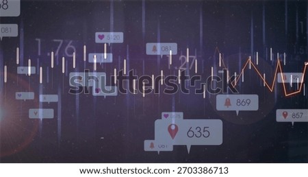 Displaying data dashboard centered on screen showing candlestick bars, orange line, speech tags. Visualization, presentation, realtime, neon, futuristic, analytics, metrics