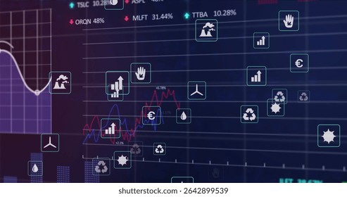 Displaying data dashboard on console, with wind turbine, factory, line graphs and numeric labels. Technology, analytics, innovation, sustainability, finance, digital, interface