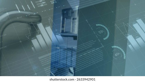 Displaying data dashboard overlaying office metal panels, with charts, rings, binders and chair. Analytics, visualization, technology, dashboard, industrial, corporate, innovation - Powered by Shutterstock - Get 15% off with code: PIKWIZARD15