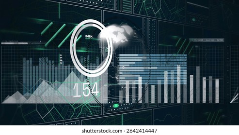 Displaying data dashboard panel at virtual control room, with triangular charts and ring gauge. Technology, data visualization, analytics, digital, futuristic, dashboard, interface