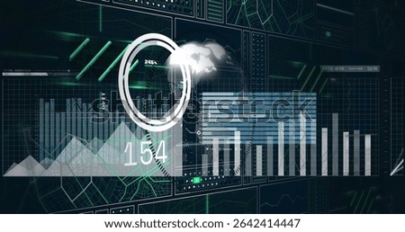 Displaying data dashboard panel at virtual control room, with triangular charts and ring gauge. Technology, data visualization, analytics, digital, futuristic, dashboard, interface