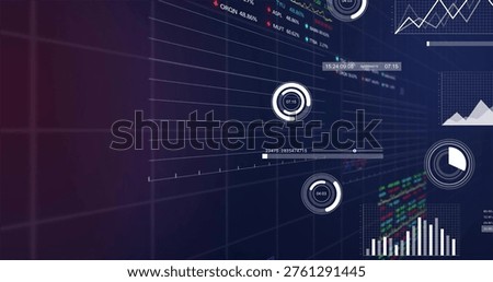 Displaying data HUD on navy purple grid, featuring ring gauges, slider, bar and pie charts, tickers. Dashboard, analytics, visualization, trading, monitoring, futuristic, neon