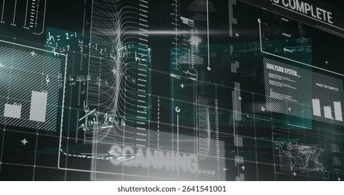 Displaying data interface showing charts, graphs and tables in console environment with world map. Futuristic, technology, analytics, visualization, digital, immersive, sleek