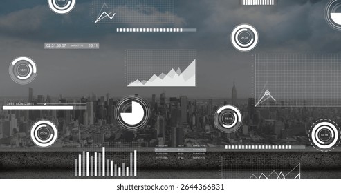 Displaying data interface showing charts, graphs and progress indicators over rooftop skyline. Technology, analytics, innovation, futuristic, urban, data visualization, corporate