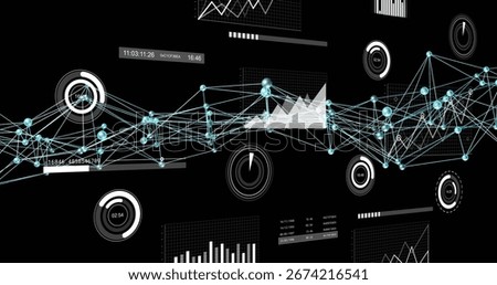 Displaying data network with glowing nodes and lines on digital dashboard, with gauge widgets. Futuristic, technology, visualization, connectivity, cyber, interface, analytics