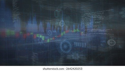 Displaying data on holographic dashboard, with candlestick chart fingerprint scan and code windows. Futuristic, analytical, interface, visualization, digital, technological, immersive - Powered by Shutterstock - Get 15% off with code: PIKWIZARD15