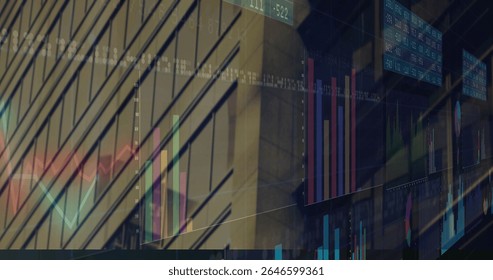 Displaying data overlay with vertical beams on tower, showing bar charts line graphs and tickers. Futuristic, architecture, data, analytics, digital, financial, technology