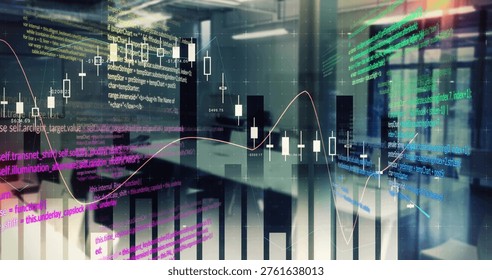 Displaying data overlays floating over open office, with candlesticks, bars, lines, code. Dataviz, trading, analytics, fintech, dashboard, workspace, futuristic - Powered by Shutterstock - Get 15% off with code: PIKWIZARD15