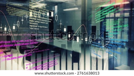 Displaying data overlays floating over open office, with candlesticks, bars, lines, code. Dataviz, trading, analytics, fintech, dashboard, workspace, futuristic