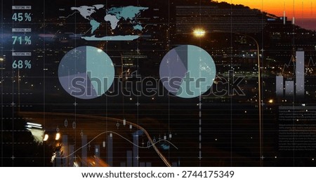 Displaying data overlays on dusky city highway, with pie charts, world map, bar or candle, 45% 71% 68%. Urban, night, sunset, skyline, traffic, lighttrails, cityscape