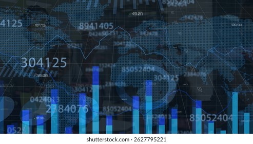 Displaying data panel at trading desk, with bar charts, line graph and world map overlay. Analytics, dashboard, technology, finance, digital, innovation, corporate