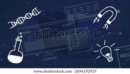 Displaying data panels floating over network grid, with DNA, flask, magnet and light bulb icons. Technology, innovation, connectivity, science, research, data visualization, futuristic