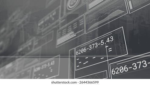 Displaying data panels showing alphanumeric codes, charts over urban skyline, with grid overlays. Technology, analytics, data visualization, futuristic, corporate, abstract, digital