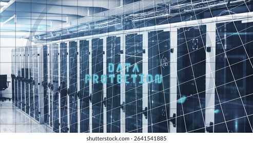 Displaying data protection overlay across data center aisle, with server racks and LED indicators. Technology, cybersecurity, infrastructure, networking, enterprise, digital, modern