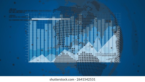 Displaying data visualization over blue dashboard, with dotted globe, data points and axis labels. Infographic, analytics, digital, technology, dashboard, innovation, futuristic