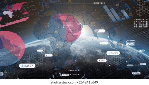 Displaying data-monitoring interface floating over Earth globe, with hexagonal grid, data tags. Futuristic, technology, connectivity, visualization, analytics, network, digital - Powered by Shutterstock - Get 15% off with code: PIKWIZARD15