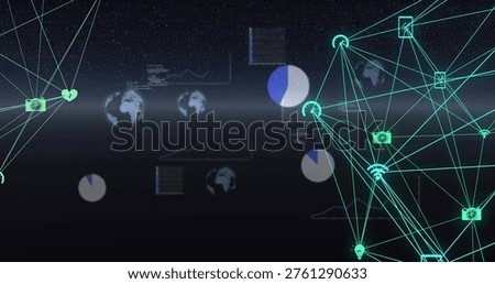 Displaying dense teal network occupying right side in virtual HUD, showing node icons, pie charts. Futuristic, cyber, dataviz, grid, holographic, starfield, horizon