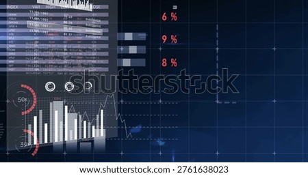 Displaying digital analytics dashboard left of frame, showing INDEX table, dials, gauges, chart. Hud, interface, grid, telemetry, metrics, futuristic, percent