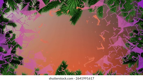 Displaying digital backdrop featuring green pine boughs edging frame, with floating network shapes. Festive, modern, abstract, geometric, vibrant, decorative, technology