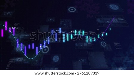Displaying digital chart tracing glowing line on finance UI, showing neon bars, data nodes. Futuristic, dashboard, candlesticks, trading, markets, analytics, hud