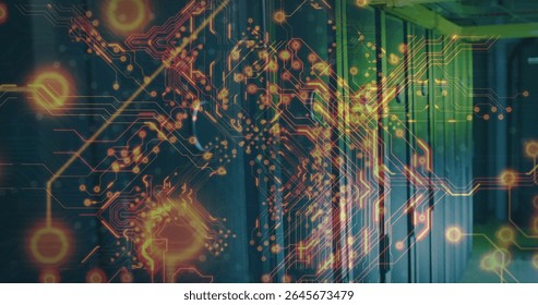 Displaying digital circuit overlay pulsing through data center corridor, with server racks, cables. Futuristic, technology, cybersecurity, networking, innovation, infrastructure, visualization