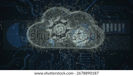 Displaying digital cloud glowing with particles in virtual interface, with gear icons and charts. Cloud, technology, innovation, data, cybersecurity, network, visualization