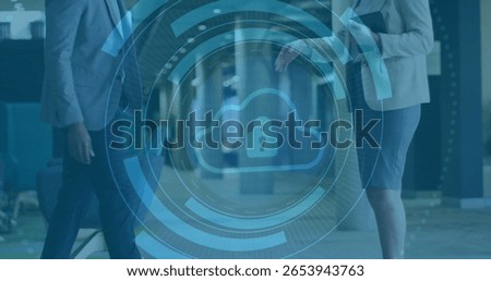 Displaying digital cloud lock graphic over modern office corridor, with colleagues walking past. Cybersecurity, innovation, technology, collaboration, corporate, modern, professional
