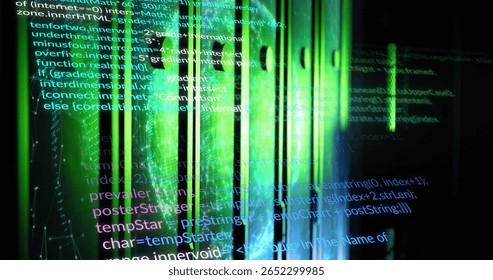 Displaying digital code lines with green light bars and grid data points on visualization panel. Technology, cyber, futuristic, data, innovation, digital art, programming