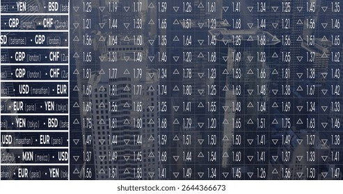 Displaying digital currency exchange rate board updating rates on trading floor, with arrow icons. Monitor, interface, modern, technology, finance, data, analytics
