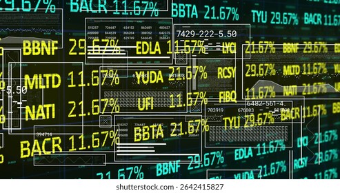 Displaying digital dashboard showing stock tickers, percentages, data boxes, keyboard-pattern grids. Technology, finance, analytics, futuristic, data visualization, digital interface, investment
